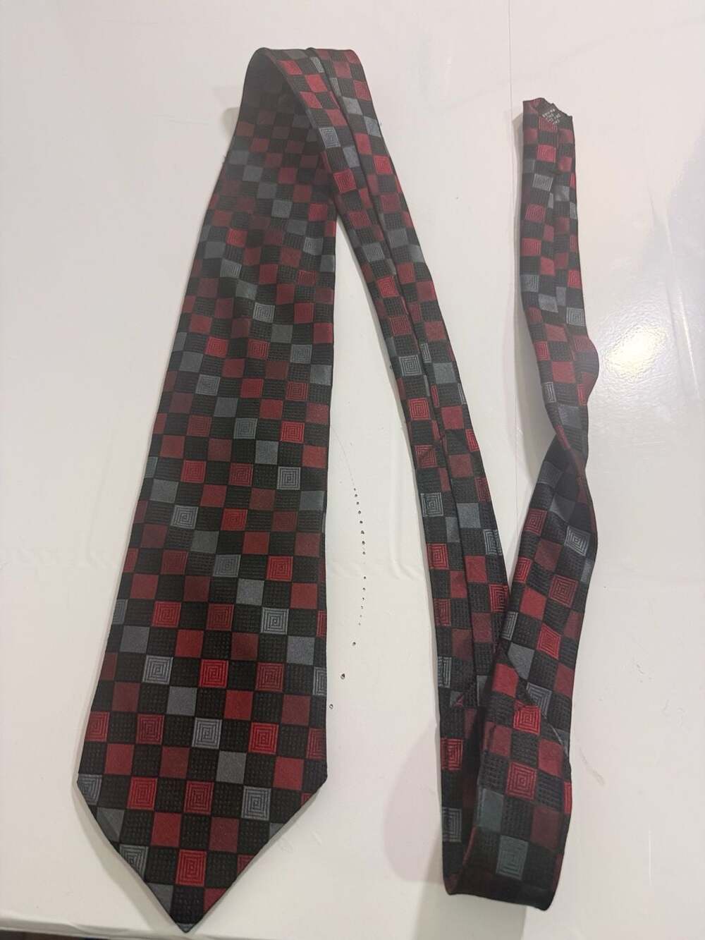 Pronto Uomo Silk Tie Red Black Geometric Check Pattern